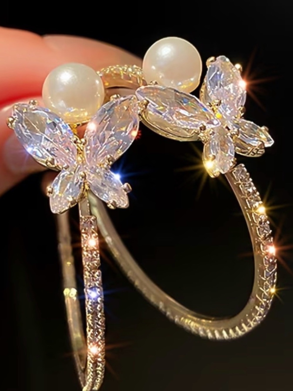 Elegant Gold Pearl & Crystal Butterfly Hoop Earrings